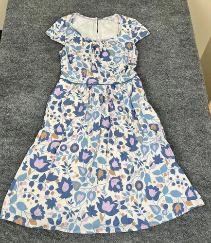 Boden Sleeveless Blue Floral Print Summer Linen Dress Short Sleeve  Size 4 R
