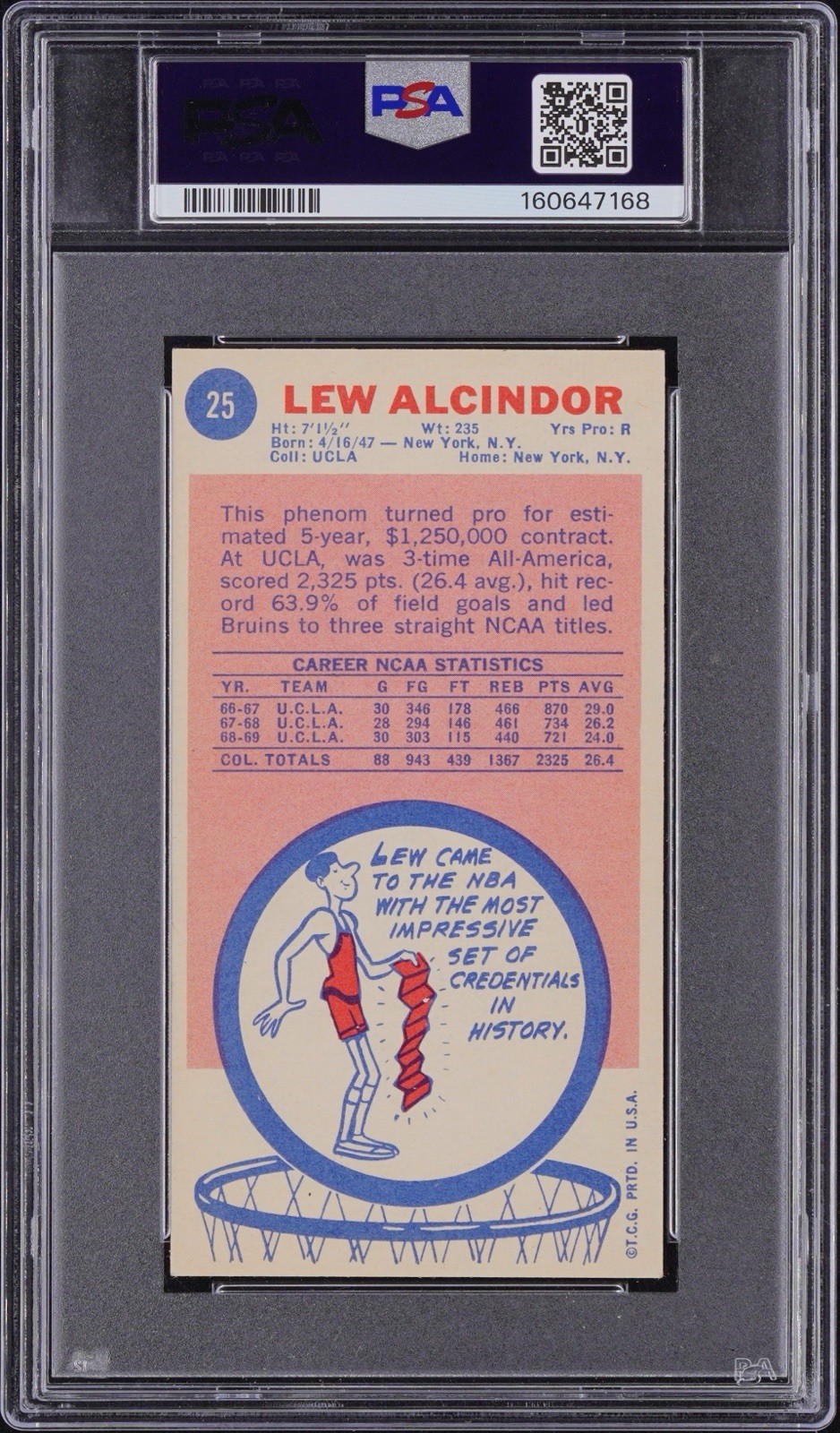 1969-70 Topps Lew Alcindor - Kareem Abdul-Jabbar #25 (RC) PSA 5 EX view 2