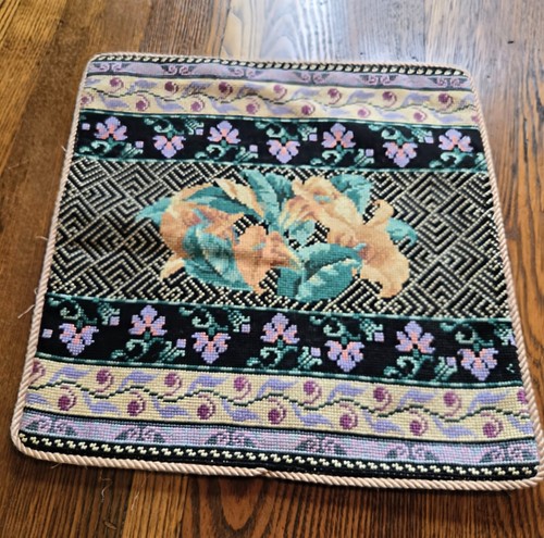 Vintage preworked Floral NEEDLEPOINT canvas for PILLOW or project 12x12