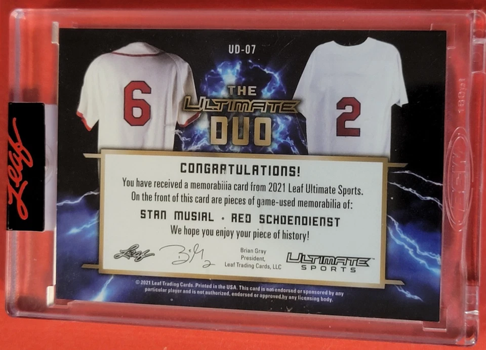 Stan Musial JERSEY CARD #8/15 Red Schoendienst 2021 LEAF ULTIMATE DUOS CARDINALS - Image 3 of 3