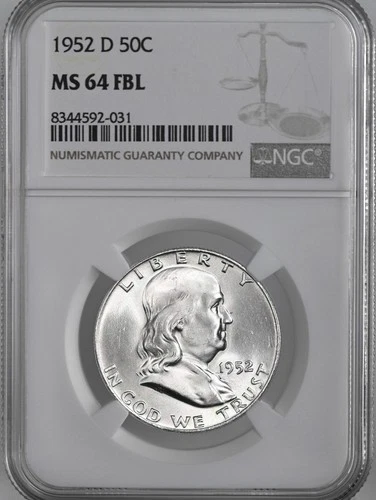 1952-D 50C FRANKLIN SILVER HALF DOLLAR FULL BELL LINES NGC MS64 FBL #8344592-031