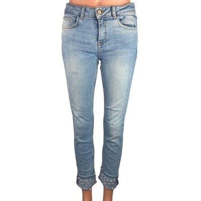 Zara Basic Blue Light Wash Beaded Pearl Cuffed Hem Mid Rise Skinny Jeans Size 6