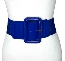 Wide Waist Cinch Belt Blue Elastic Stretch M Big Buckle Vtg 80s 90s Style