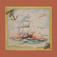 Christmas Card Vintage Nautical Ship Seagulls Holly Anchor Rope Border 1940s 50s