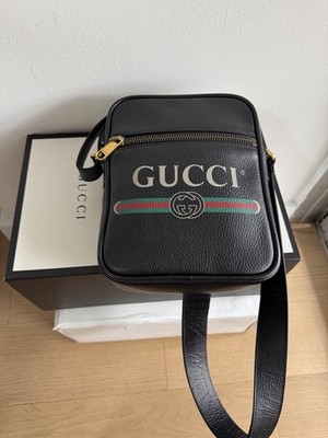 Gucci Black Logo Shoulder Bag Men's Adjustable Strap Designer Brass Hardware