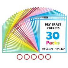 30 Pack Pastel Dry Erase Pockets with 5 Rings 10 Assorted Colors 10x14 Oversi...