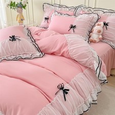 IHOUSTRIY Pink Duvet Cover Queen Size, Ruffle Beddding Set with Bowtie, 3 Pie...