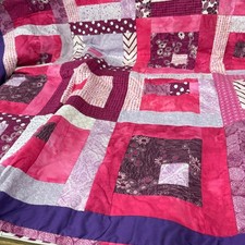 Handmade Pink Purple Patchwork Quilt Blanket With Floral Geometric 56x66