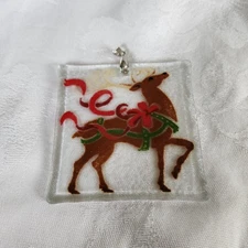 Peggy Karr Fused Art Glass 3 Square Christmas Reindeer Ornament In Box