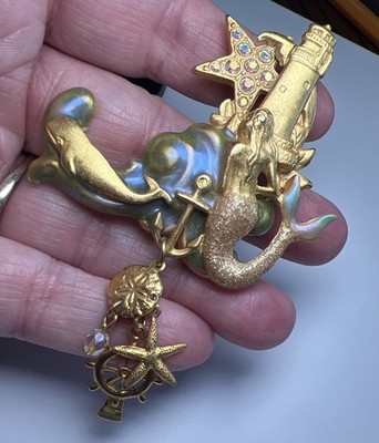 Kirks Folly Nautical Mermaid Whale Lighthouse Brooch Gold Enamel Brooch