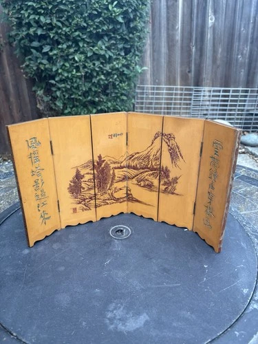 Vintage Chinese Folding 6 Panel Wooden Table Screen with Markings