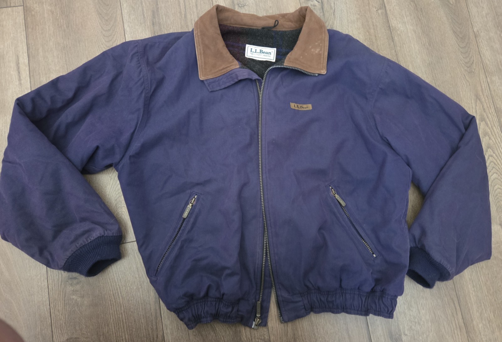Vintage LL Bean Jacket Suede Collar Wool Blanket Lined Bomber Mens Large US Made