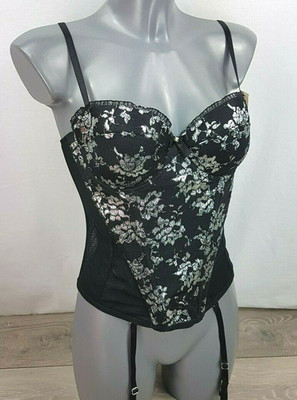 Boux Avenue Black Silver Seline Sparkle Baskisch mit Strapsen Schwarz UVP 60£ 34D
