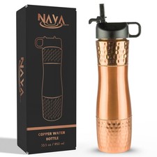 Pure Copper Water Bottle For Drinking Water with Straw and Sports Lid 33.5oz / 9