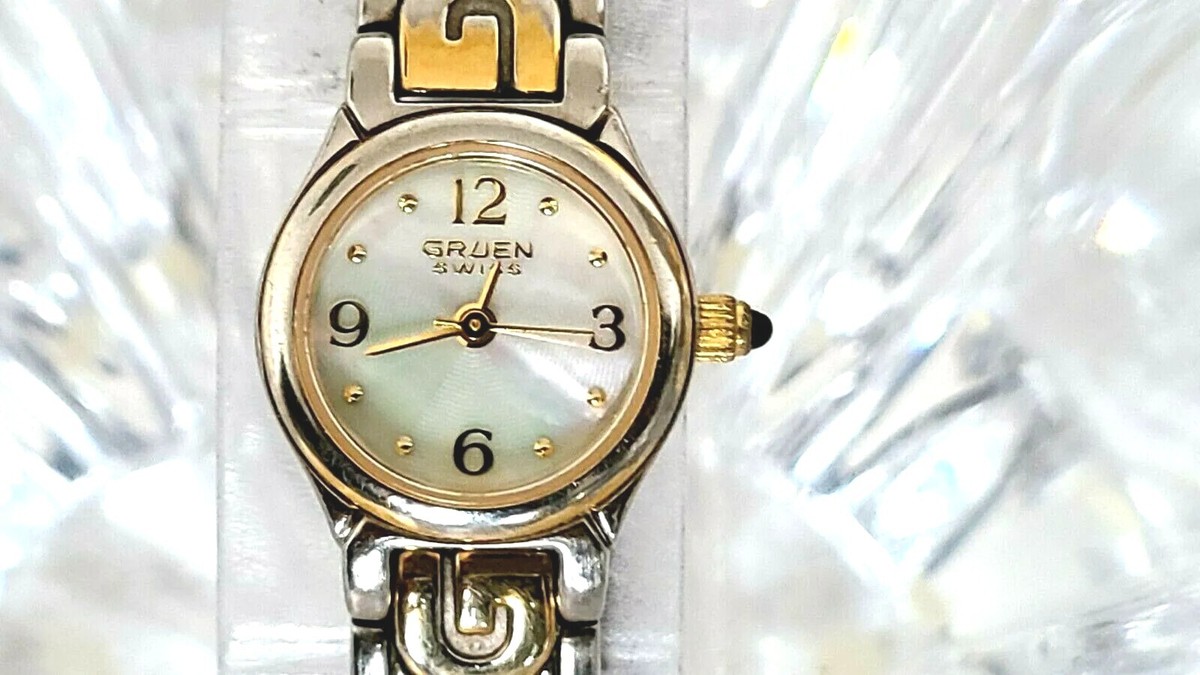 Gruen Watch Mother of Pearl Face‎ Gold Tone Womens Stainless Jewel Needs Battery Gruen Swiss Diamond Bezel Gold Tone Mother of Pearl Dial  main image 2