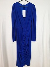 Michelle Keegan Ladies Size 10 Blue Long Sleeve V-neck Ruched Midi Dress New