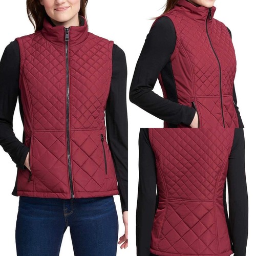 Andrew Marc Women's Quilted Insulated Full Zip Vest Burgundy Black Medium