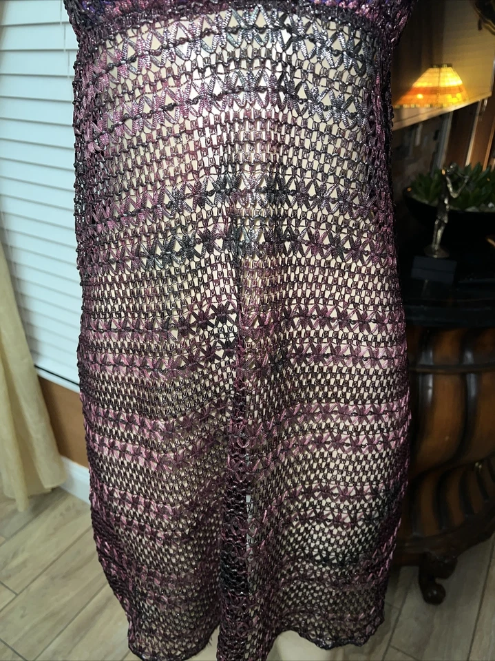 RITCHIE SWIMWEAR PURPLE SILVER Metallic CROCHET TRANSPARENT COVEROUP SZ LG scx - Image 3 of 4