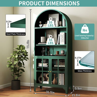 73.6''H Metal Arched Display Cabinet 5-Tier w/ Glass Door & 2 Adjustable Shelves 
