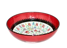 HANDMADE 12" Turkish Ceramic Pasta Salad Serving Bowl Red Multi Floral Print