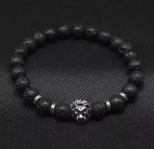 Fashion Men's Black Lava Stone Silver Lion Beaded Charm Bracelet