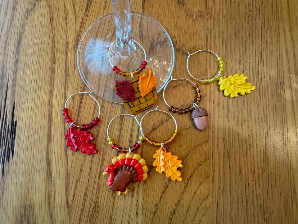 "THANKSGIVING ", FALL  SET OF 6  HAND CRAFTED Wine Glass Charms - Image 4 of 4