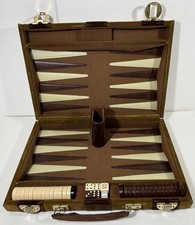 VTG Backgammon Set 15x10 Suede Briefcase, Brown Cream Checkers Missing 1 Cup