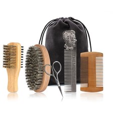 Beard Brush and Comb Set with Mustache Scissors Grooming Kit, Natural Boar Br...