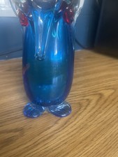 Vintage Murano Style Sommerso GlassOwl Vase Blue Teal Mid Century HandBlown