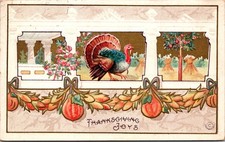 Postcard Thanksgiving Embossed Turkey Harvest Scene Pumpkins Corn Garland