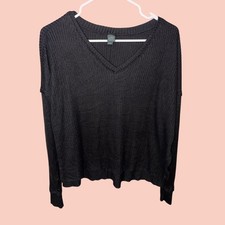 Wild Fable Womens Black Waffle Knit V-Neck Sweater Soft Ribbed Pullover XS G0255