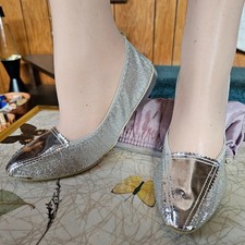 Vtg 60s Mod Space Age Metallic Silver Lame Atomic Cocktail Ballet Flats Shoes