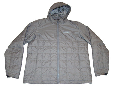 Simms Mens Size M Gray Quilted Puffer Primaloft Full Zip Hooded Jacket Fishing