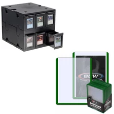 BCW 6-Drawer Card Catalog & 500 Green Border Toploaders Lot