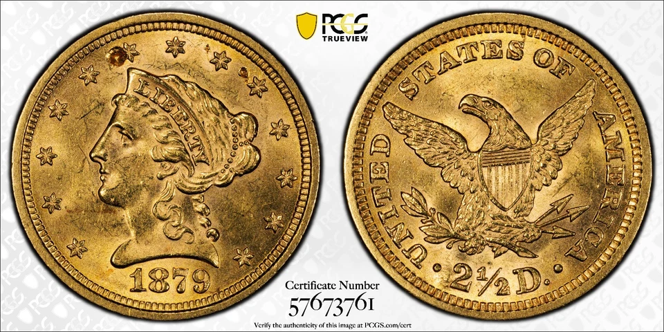 罕见 1879 年 2.50 美元自由女神头金币 PCGS UNC 低复古宝石红木展示 — 第 2/4 张图片