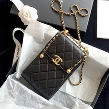 Chanel Vertical Phone Holder Leather Quilted Chain Flap Bag Black [Duties Paid]