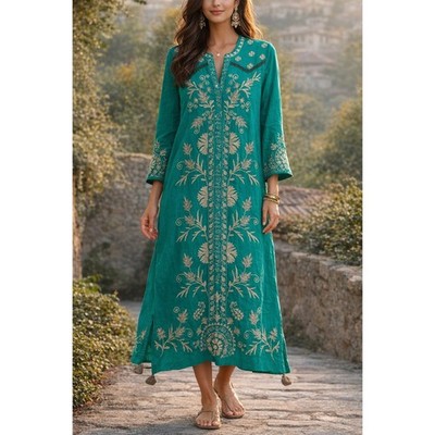Johnny Was Western Trim Henley Dress Turquoise Size S