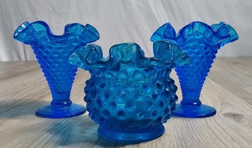 LOT OF 3 Vintage Fenton Colonial Blue Hobnail Double Crimped & Footed Glass Vase