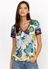 Johnny Was The Janie Favorite Tee Size M Bamboo Floral Short Sleeve V‑Neck BOHO