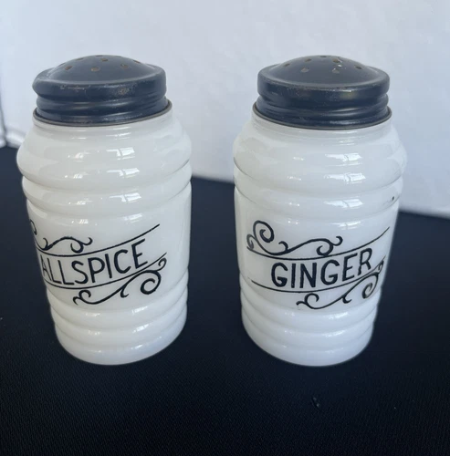 Vintage Hazel Atlas Beehive Milk Glass Ginger & Allspice Shaker Jars