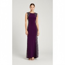 Xscape Purple And Gold Stunning Crochet Lace Sides Column Gown Formal Dress Sz 4