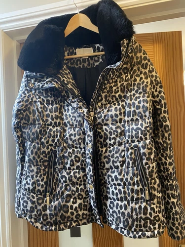 Cappotto Michael Kors in pelliccia sintetica con cappuccio taglia 14 nuovo senza etichette stampa leopardata