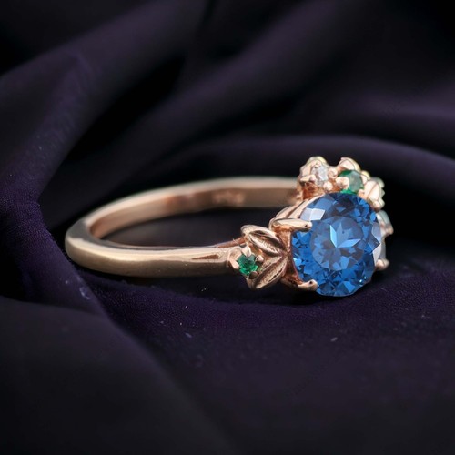 925 Sterling Silver 5 mm Round Shape Natural Blue Topaz Ring Emerald Twig Ring - Picture 3 of 7