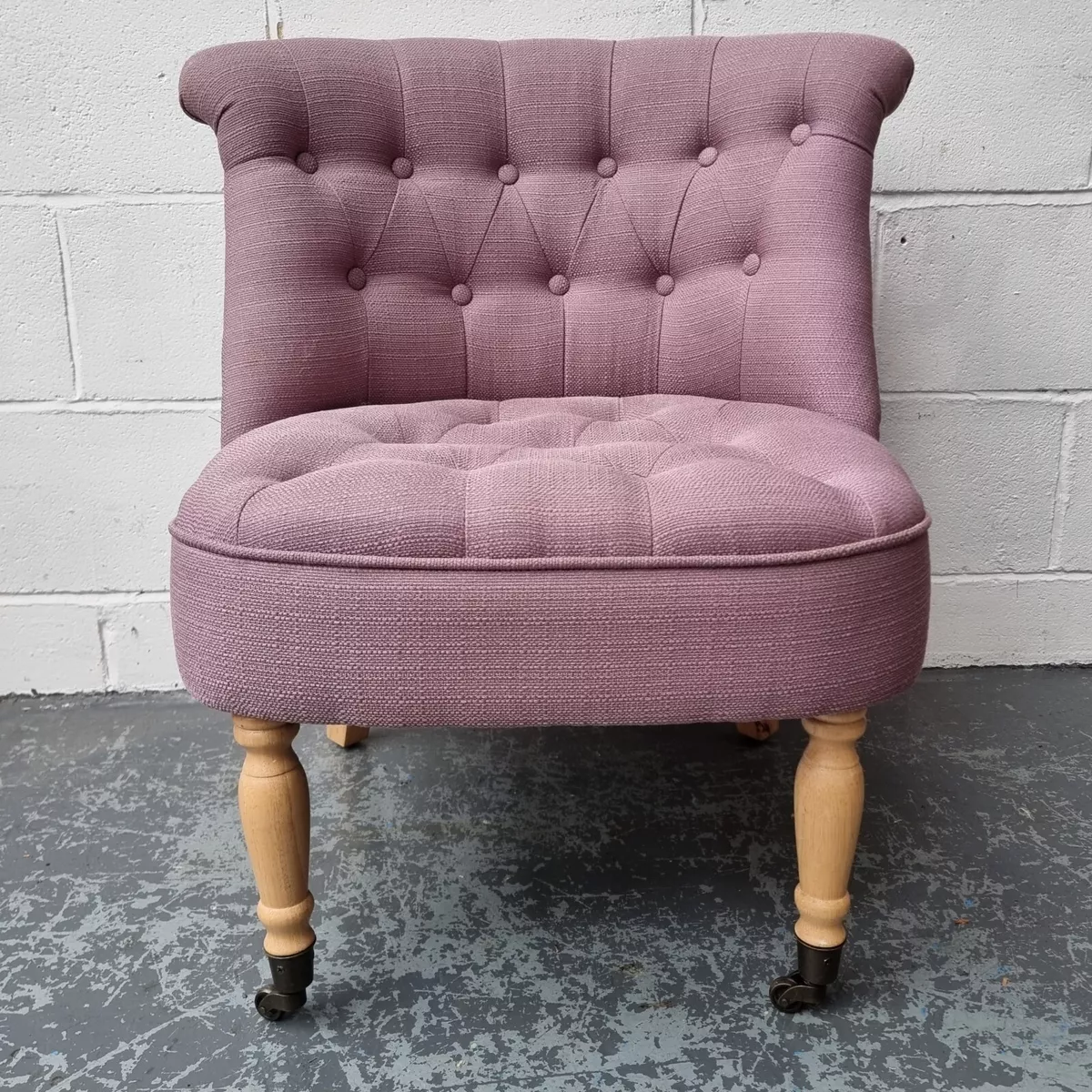 Buttoned Lilac Accent Chair Wooden Legs Casters Delivery from 55