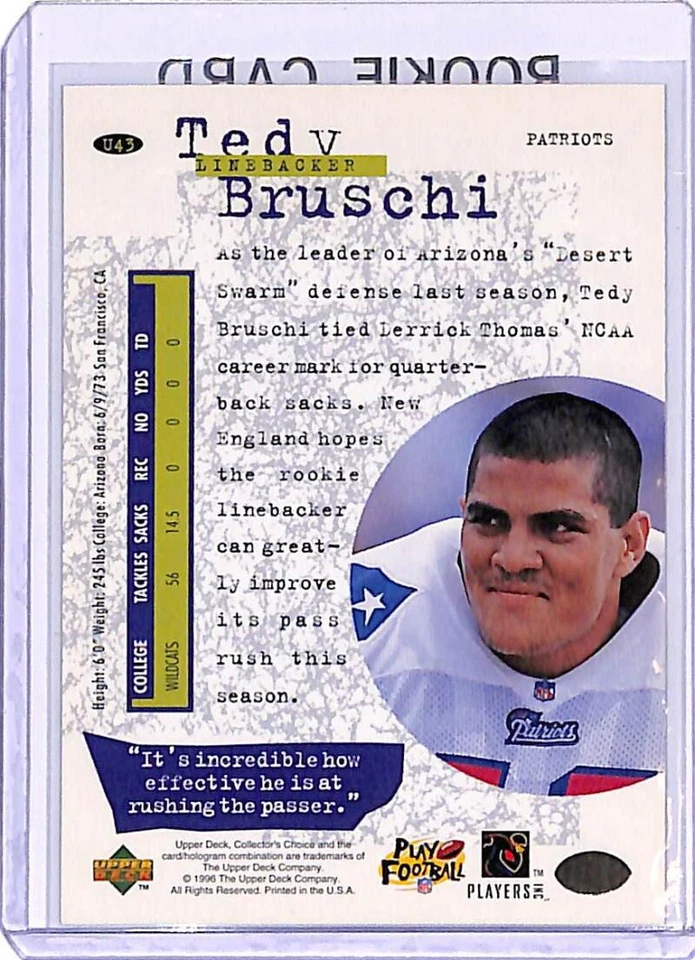 1996 Collector's Choice Update #U43 Tedy Bruschi New England Patriots Rookie RC - Image 2 of 2