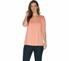 H by Halston Scoop Neck Elbow Sleeve Top Ruching with Detail Coral Reef Medium 