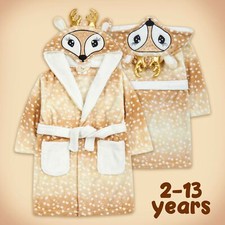 Kids Girls Reindeer Dressing Gown 2 3 4 5 6 7 8 9 10 11 12 13 Xmas Hooded Robe