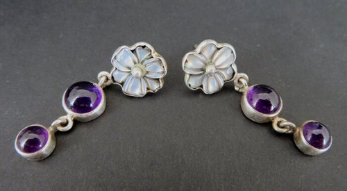 Earrings Sterling Abalone Flower Round Purple Stones Dangle Silver Pierced - Picture 3 of 4