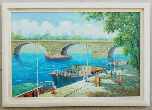 Vintage Original Painting Boat Parisian Cityscape with Mid-Century Art MCM Frame