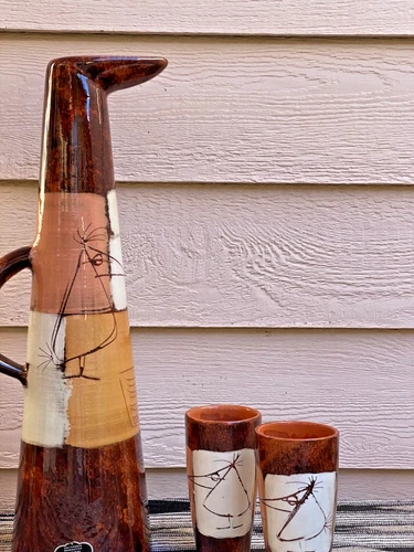 EDMUND RONAKY JARU WORRY BIRDS 20" PITCHER 2 TUMBLERS MID CENTURY MODERN 1950's